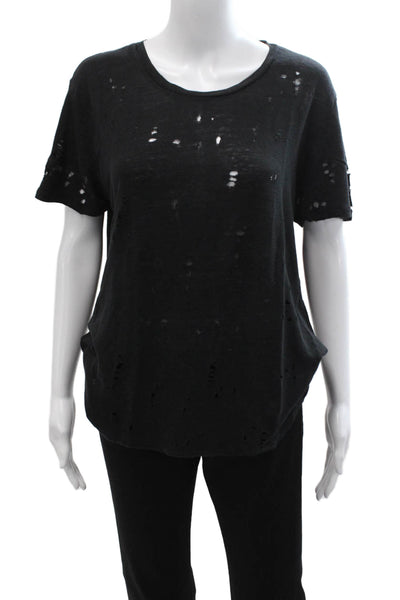 IRO Women Basic Black Linen Round Neck Short Sleeve T Shirt Grunge Size 40