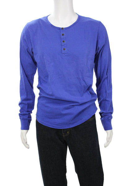 Earnest Sewn Mens Blue Cotton Long Sleeve T-Shirt Round Neck Button Size 3