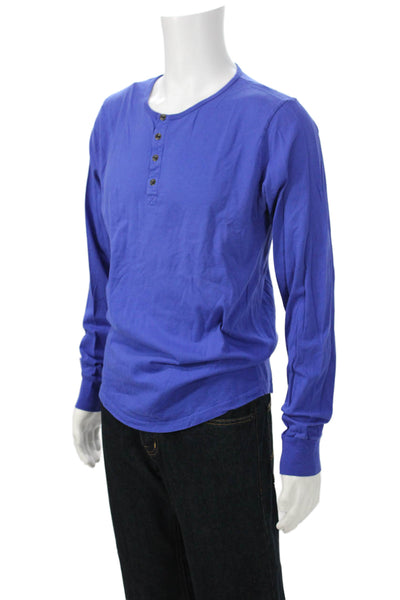 Earnest Sewn Mens Blue Cotton Long Sleeve T-Shirt Round Neck Button Size 3