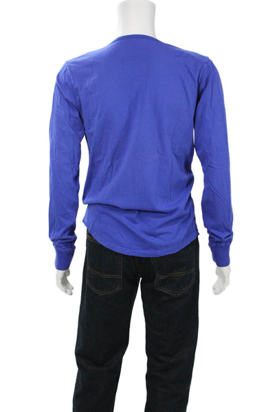 Earnest Sewn Mens Blue Cotton Long Sleeve T-Shirt Round Neck Button Size 3