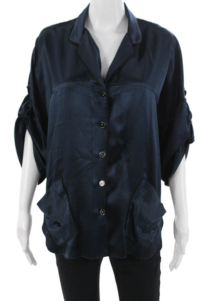 Adam Women Silk Button-Up Collared Short Sleeve Dark Blue Blouse Size 8