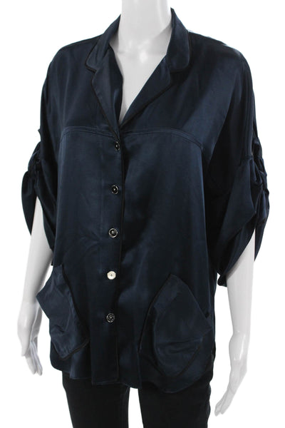 Adam Women Silk Button-Up Collared Short Sleeve Dark Blue Blouse Size 8