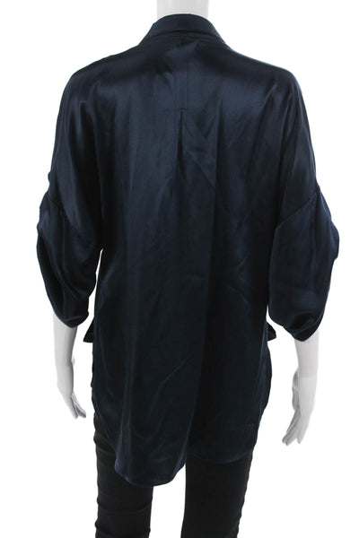 Adam Women Silk Button-Up Collared Short Sleeve Dark Blue Blouse Size 8