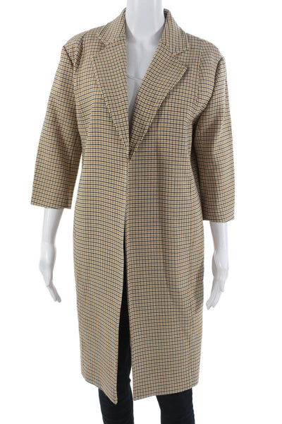 Toccin Womens Checked Collared 3/4 Sleeve Overcoat Beige Size XS