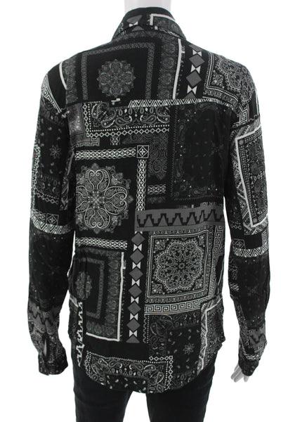 Zara Mens Point Collar Button-Up Paisley Viscose Long Sleeve Black Size S