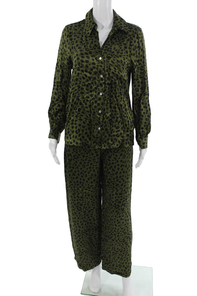Zara Womens Animal Print Blouse Pant Set Green Black Size Extra Small/Small
