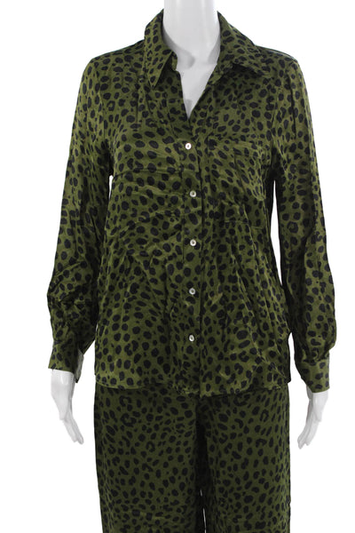Zara Womens Animal Print Blouse Pant Set Green Black Size Extra Small/Small
