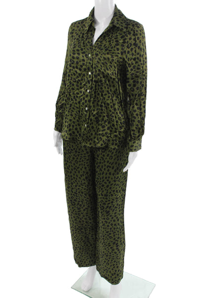 Zara Womens Animal Print Blouse Pant Set Green Black Size Extra Small/Small