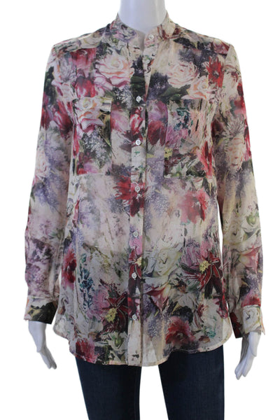 Haute Hippie Womens Silk Floral Tunic Blouse Beige Button Up Size XS