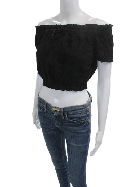 Hansen & Gretel Women Cropped Linen Short Sleeve Top Black Size 2