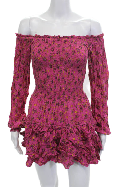 Cool Change Women Mini Sundress Pink Floral Long Sleeve 100% Rayon Size XS