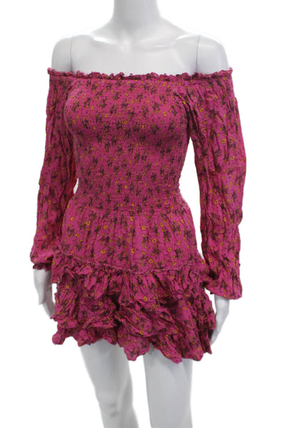 Cool Change Women Mini Sundress Pink Floral Long Sleeve 100% Rayon Size XS