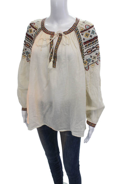 Zara Trafaluc Women Geometric Cotton Tunic Beige Long Sleeve Drawstring Size XS