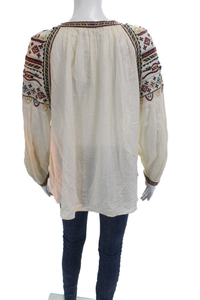 Zara Trafaluc Women Geometric Cotton Tunic Beige Long Sleeve Drawstring Size XS
