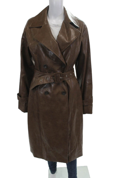 OW Collection Womens Trench Coat Brown Faux Leather Cotton Buckle Size S