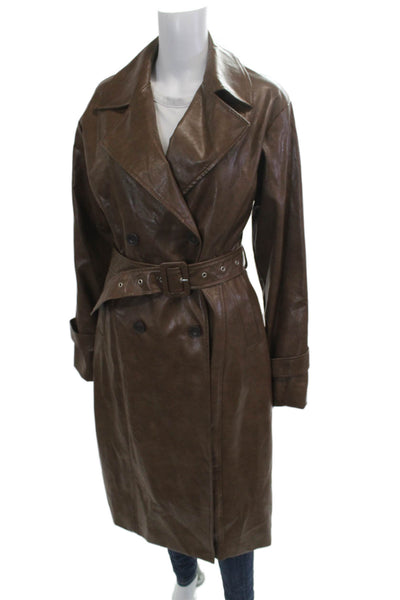 OW Collection Womens Trench Coat Brown Faux Leather Cotton Buckle Size S