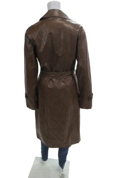 OW Collection Womens Trench Coat Brown Faux Leather Cotton Buckle Size S