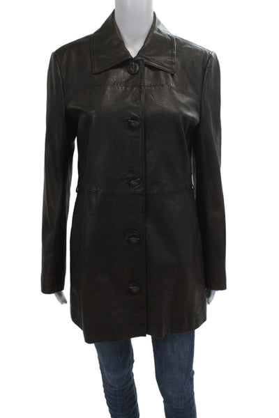 La Marque Womens Brown Lamb Leather Overcoat Collared Button Size XS