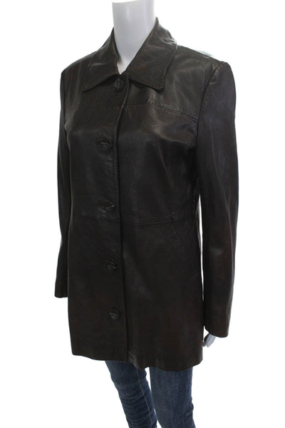 La Marque Womens Brown Lamb Leather Overcoat Collared Button Size XS