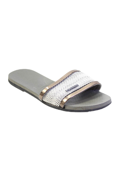 Havaianas Womens Triple Strap Logo Slide Sandals White Brown Gray Size 37-38