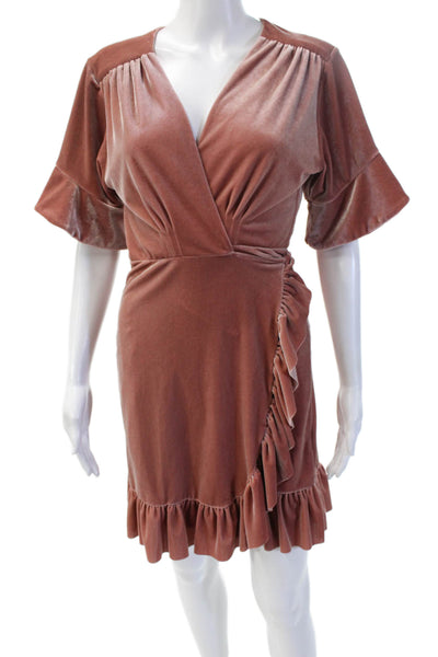 Misa Womens Brown V-Neck Mini Wrap Dress Short Sleeve Tie Size M