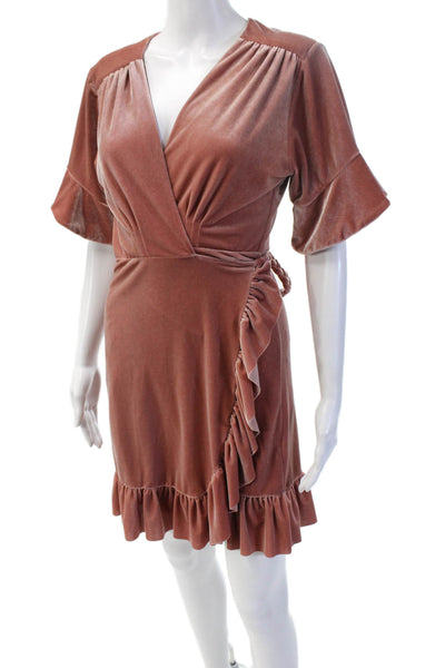 Misa Womens Brown V-Neck Mini Wrap Dress Short Sleeve Tie Size M
