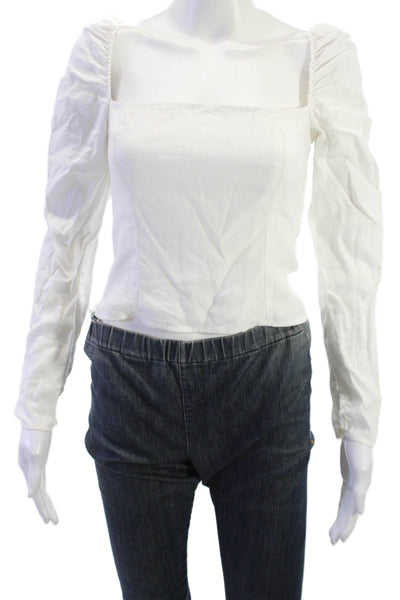 Reformation Womens Cropped Linen Square Neck Long Sleeve Zip Blouse Size 2