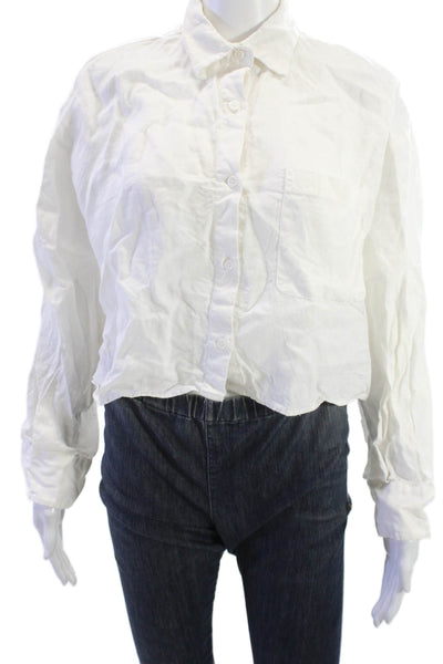 Zara Womens Cropped White Linen Collared Long Sleeve Button Up Size S