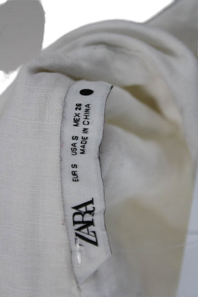 Zara Womens Cropped White Linen Collared Long Sleeve Button Up Size S