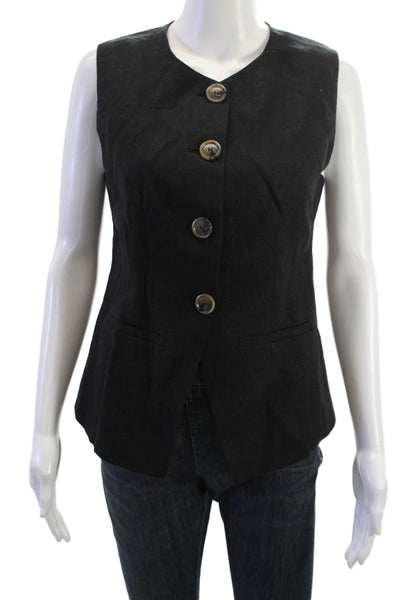 Heartloom Women Black Linen Sleeveless Vest Round Neck Button Size S