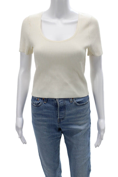 Madewell Womens Cropped Striped T-Shirt Beige Round Neck Short Sleeve Size M