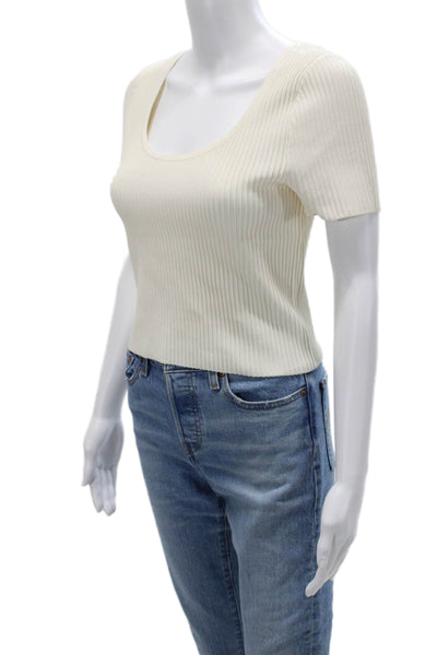 Madewell Womens Cropped Striped T-Shirt Beige Round Neck Short Sleeve Size M