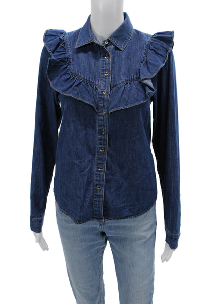 Intermix Womens Dark Blue Collared Cotton Button-Up Blouse Long Sleeve Size PP