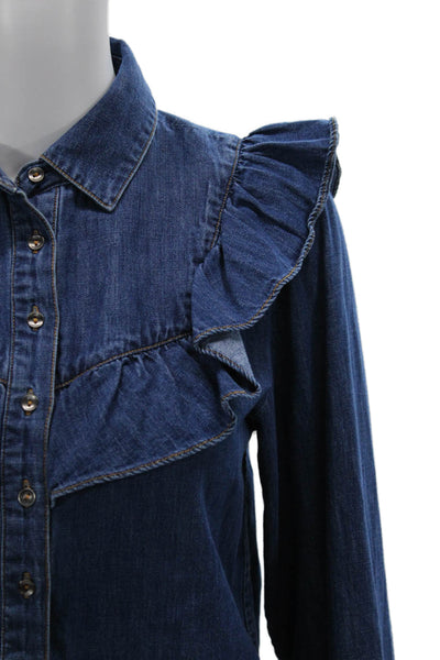 Intermix Womens Dark Blue Collared Cotton Button-Up Blouse Long Sleeve Size PP