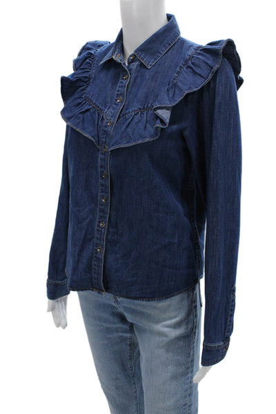 Intermix Womens Dark Blue Collared Cotton Button-Up Blouse Long Sleeve Size PP