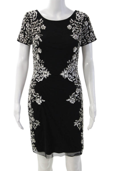 Aidan Mattox Women Black Floral Sheath Dress Short Sleeve Nylon Zip Size 6