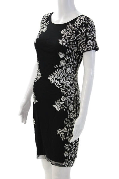 Aidan Mattox Women Black Floral Sheath Dress Short Sleeve Nylon Zip Size 6