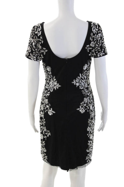 Aidan Mattox Women Black Floral Sheath Dress Short Sleeve Nylon Zip Size 6