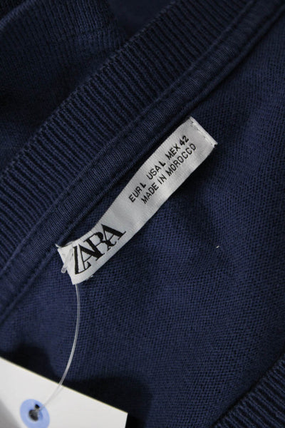 Zara Women Basic Dark Blue Cotton Crew Neck Short Sleeve T-Shirt Size L