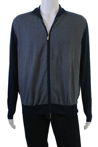 Filippo De Laurentiis Men Full Zip Herringbone Sweater Dark Blue Size L