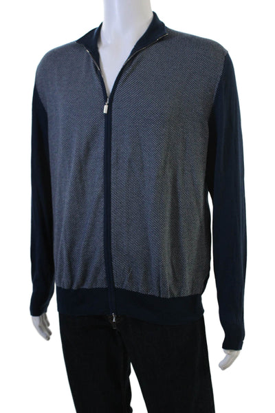 Filippo De Laurentiis Men Full Zip Herringbone Sweater Dark Blue Size L