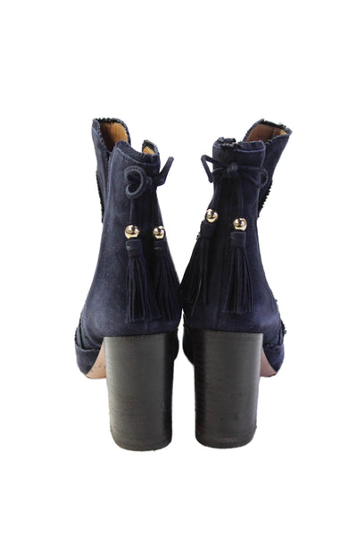 Aquazzura Womens Suede Tassel Detail Block Heels Ankle Boots Shoes Blue Size 6.5