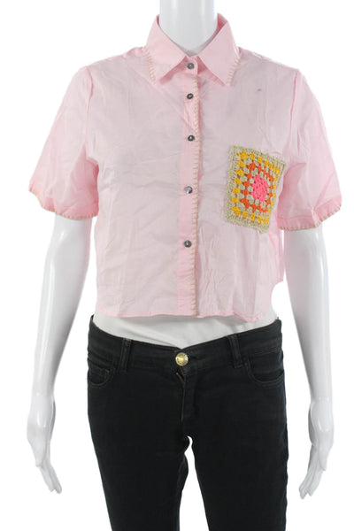 Palmacea Womens Cropped Cotton Buttonup Top Pink Collared Short Sleeve Size XS