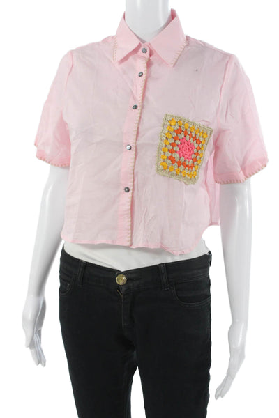 Palmacea Womens Cropped Cotton Buttonup Top Pink Collared Short Sleeve Size XS