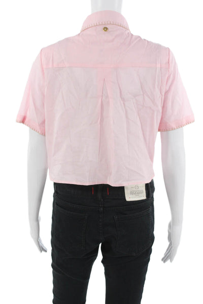 Palmacea Womens Cropped Cotton Buttonup Top Pink Collared Short Sleeve Size XS