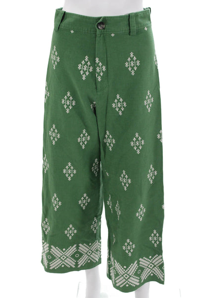 Zara Women Cropped Geometric Green Linen Viscose Button Pants Size S