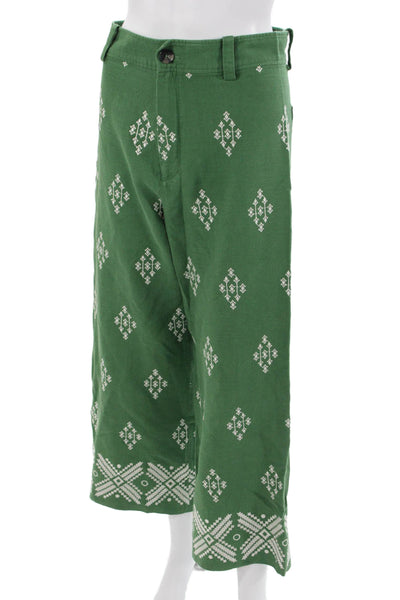 Zara Women Cropped Geometric Green Linen Viscose Button Pants Size S