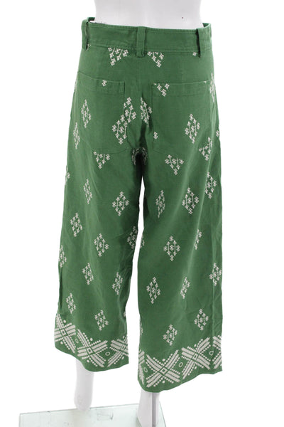 Zara Women Cropped Geometric Green Linen Viscose Button Pants Size S