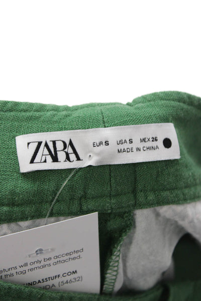 Zara Women Cropped Geometric Green Linen Viscose Button Pants Size S