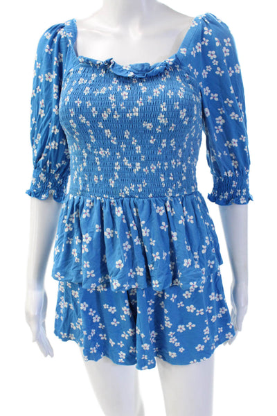 Draper James Womens Floral Square Neck Romper Blue 3/4 Sleeve Size XS